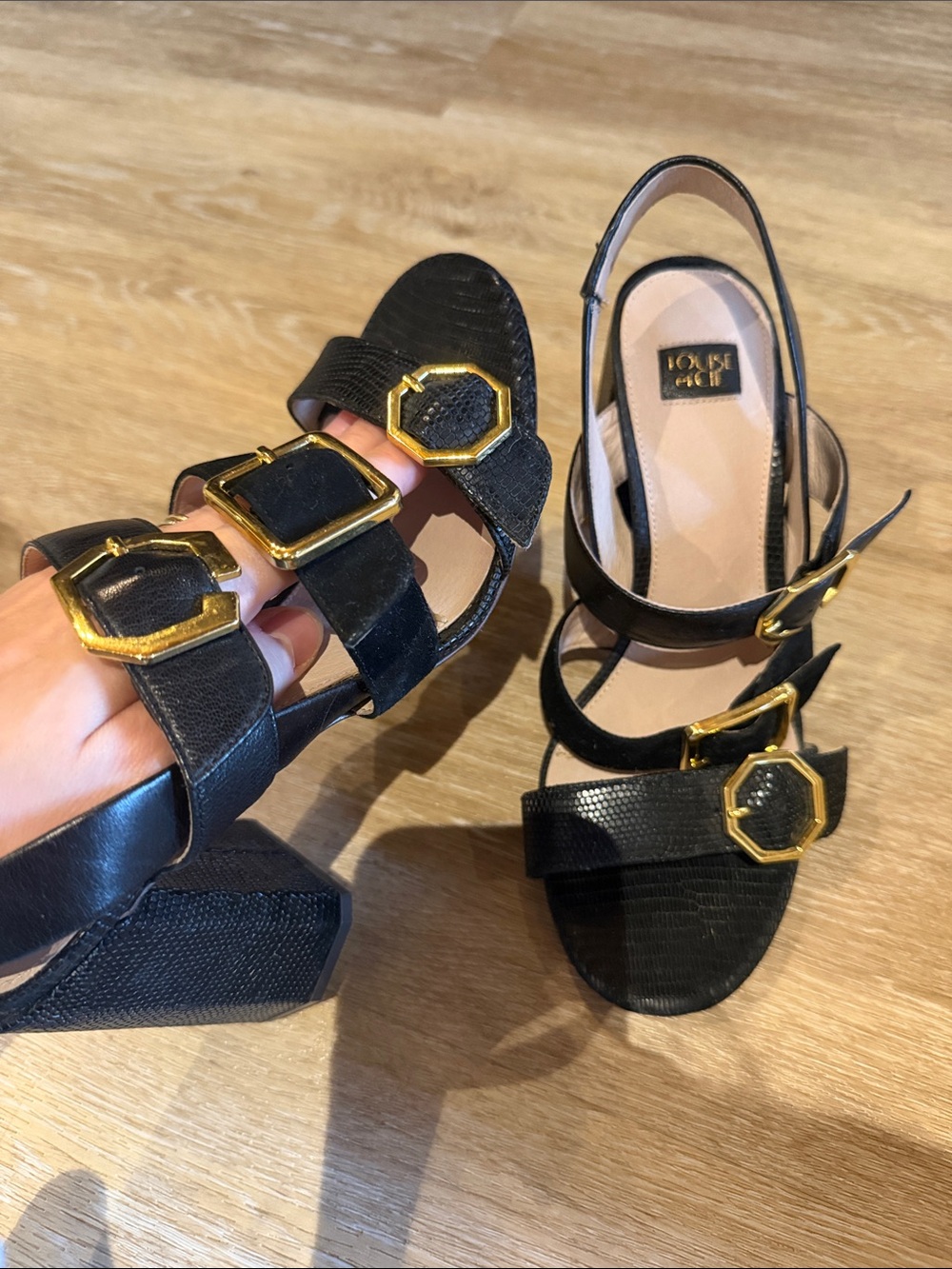 Louise et Cie Black Slingback Sandals with Gold Octagonal Buckles